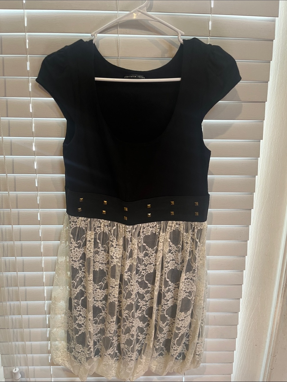 Charlotte Russe Black and Ivory Lace Short Sleeve Dress